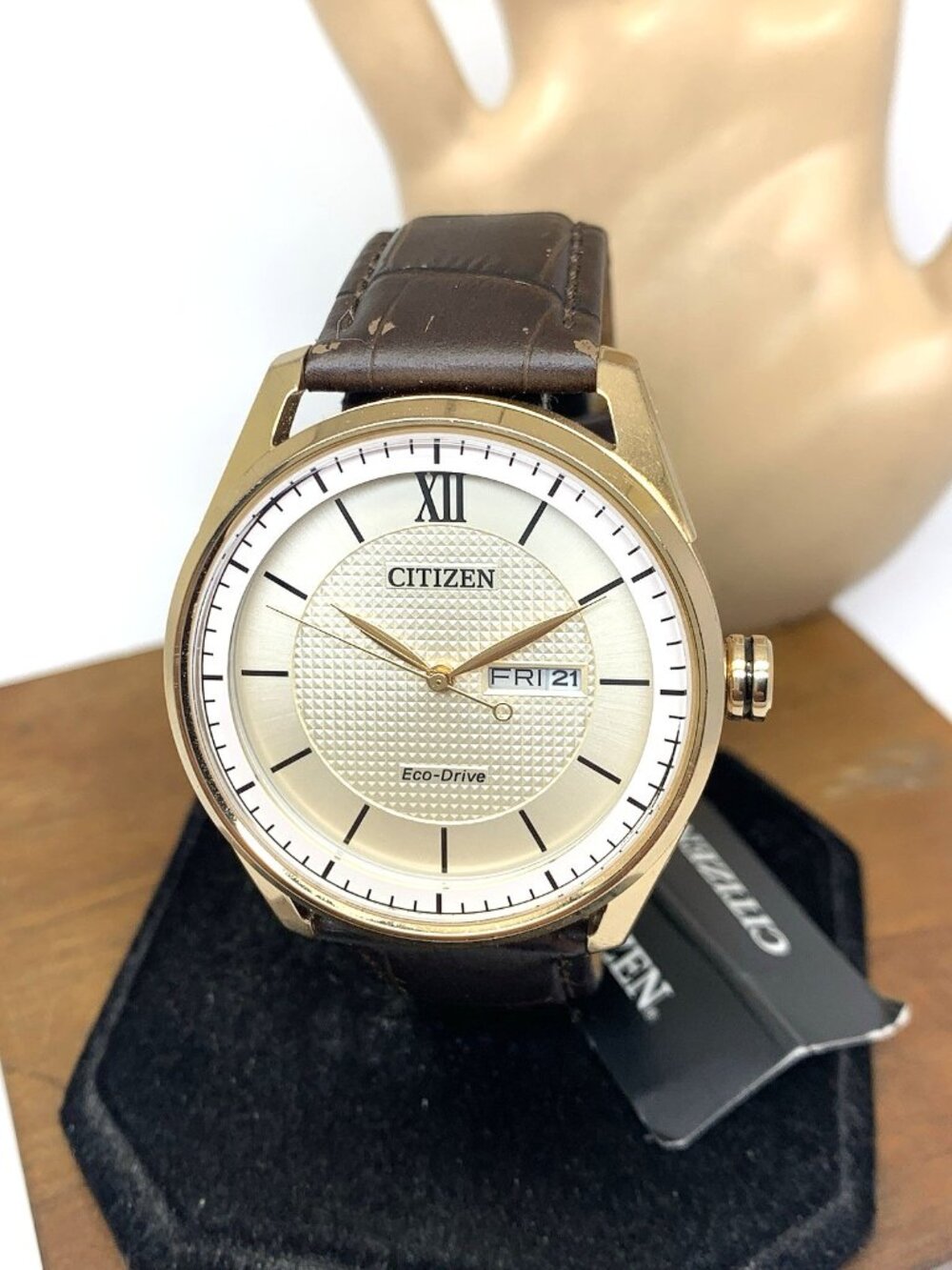 Citizen Men's Watch Eco-Drive AW0082-01A Day Date Rose Gold Brown Leather Strap